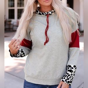 New - Leopard Color Block Drawstring Detail Sweatshirt